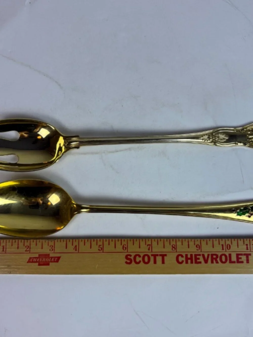 Vintage Gold Tone Salad Serving Set F.B. Rogers Italy Spoon Fork Holly Christmas